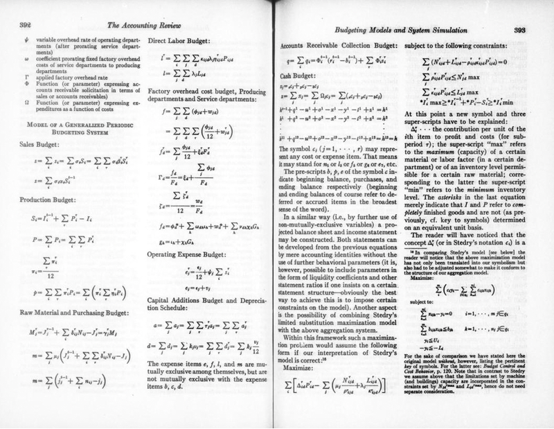 Screenshot from page 392 of The Accounting Review 1961 Volume 36 Issue 3 https://archive.org/details/sim_accounting-review_1961-07_36_3/page/392/mode/2up showing the paper Budgeting Model sand System Simulation