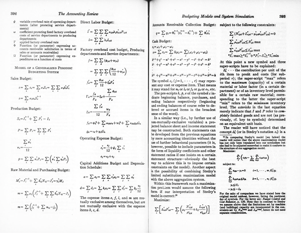 Page 392 and 393 of Budgeting Models and System Simulation by Richard Mattessich (1961)