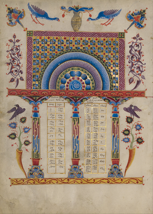 Eusebius' Canon Table from https://upload.wikimedia.org/wikipedia/commons/2/26/T%27oros_Roslin_%28Armenian%2C_active_1256_-_1268%29_-_Canon_Table_Page_-_Google_Art_Project_%286915047%29.jpg