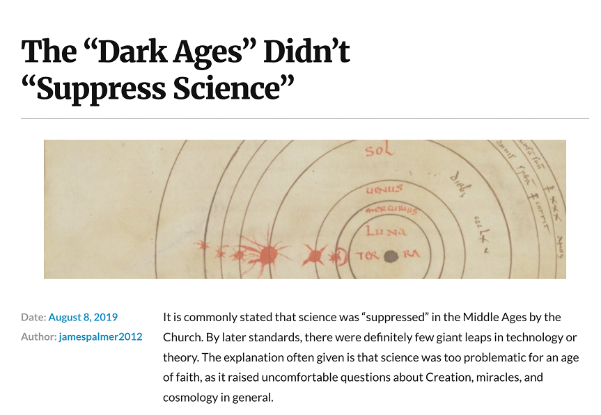 Screenshot of the post above the fold: https://merovingianworld.com/2019/08/08/the-dark-ages-didnt-suppress-science/