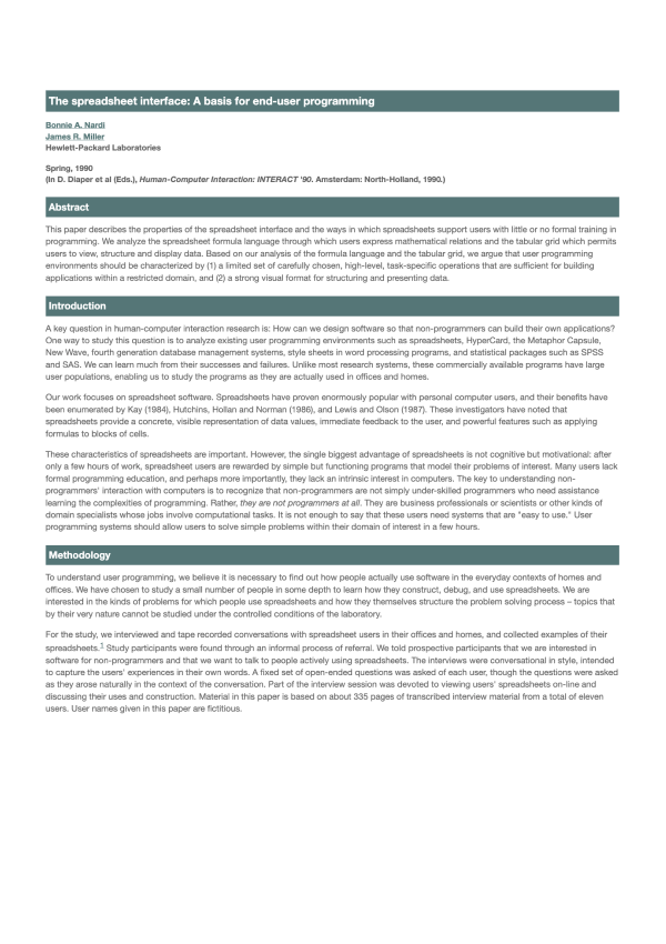 Cover for the post The Spreadsheet Interface: A basis for end-user programming