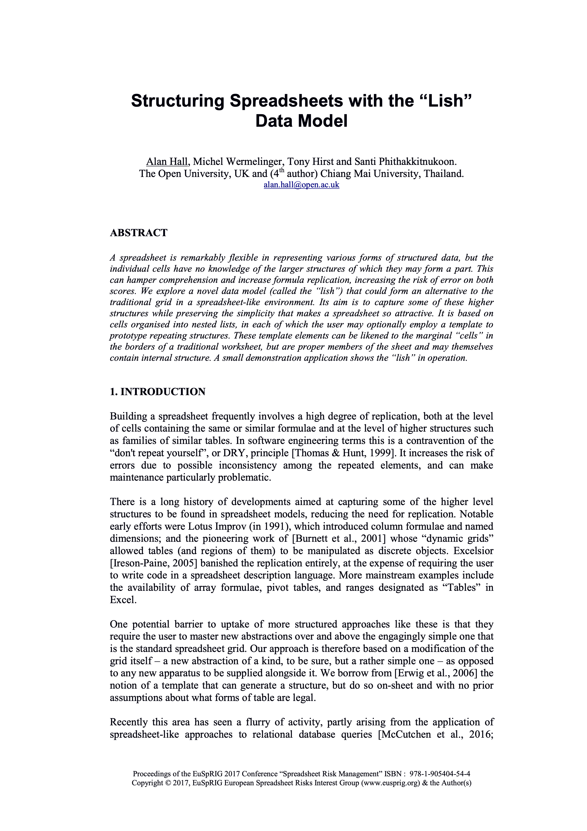Cover of Structuring Spreadsheets With &ldquo;Lish&rdquo; Data Model