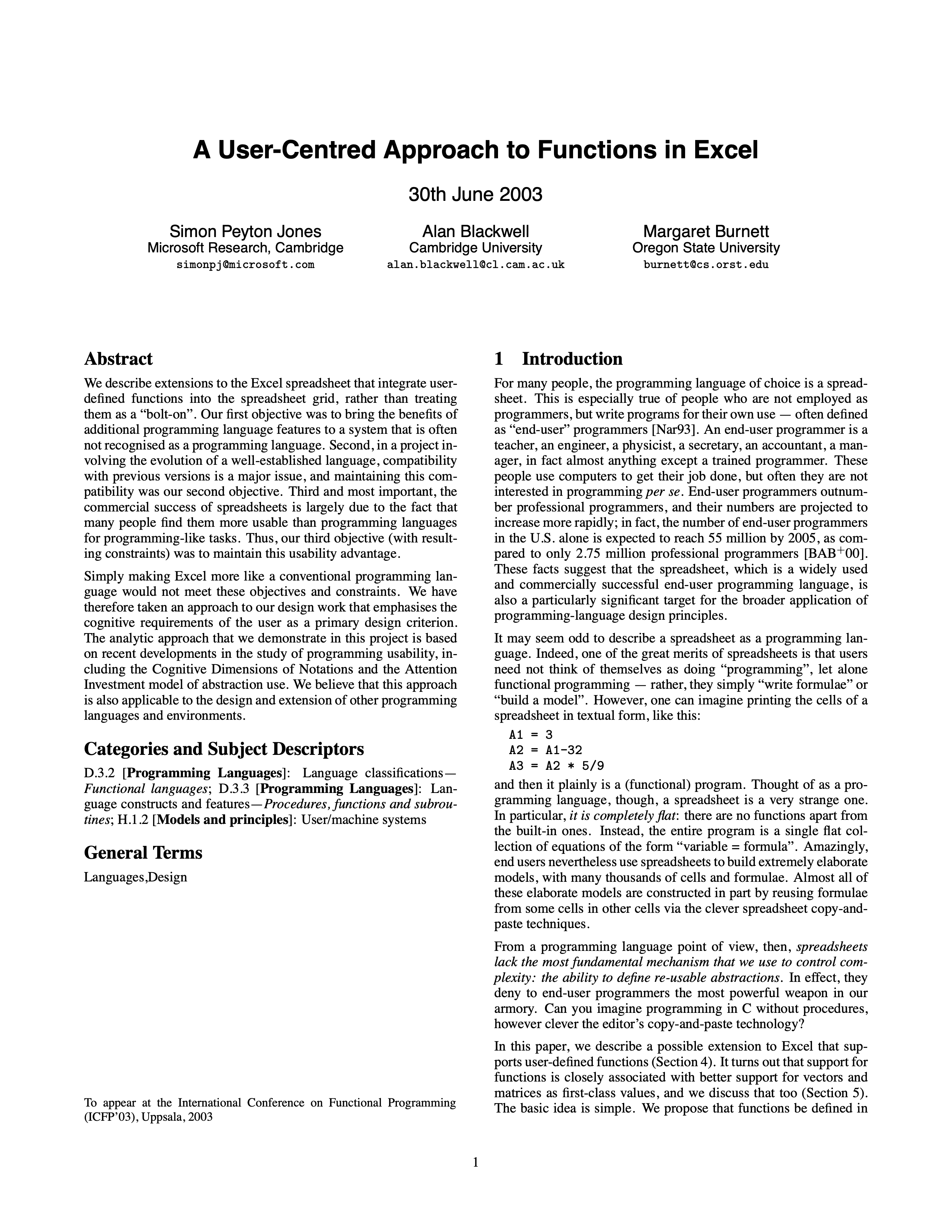 Screenshot of the first page of the paper from https://www.microsoft.com/en-us/research/wp-content/uploads/2016/07/excel.pdf