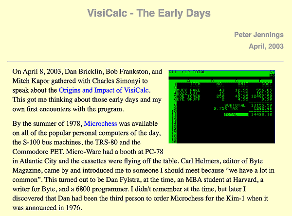Screenshot of the page https://benlo.com/visicalc/
