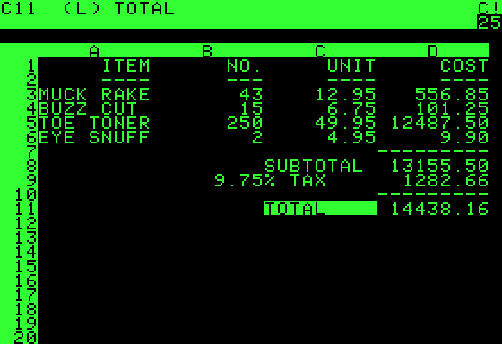 Screenshot of VisiCalc from https://en.wikipedia.org/wiki/VisiCalc#/media/File:Visicalc.png