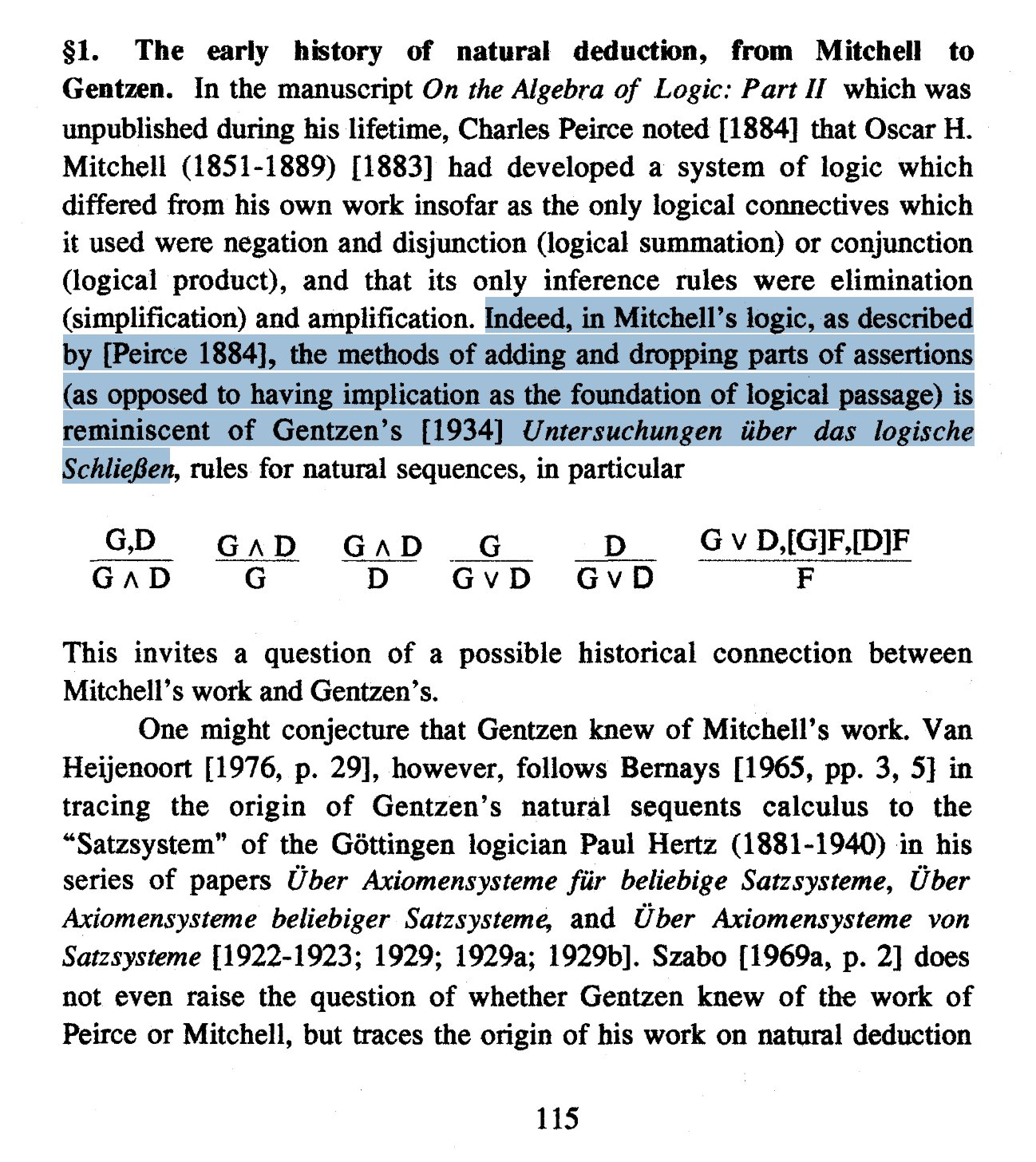 Screenshot from page 5 of: https://projecteuclid.org/journals/modern-logic/volume-2/issue-2/Forty-years-of-unnatural-natural-deduction-and-quantification--a/rml/1204902659.pdf excerpting Section 1 in page 115 highlighting “Indeed, in Mitchellʼs logic, s ... Schließen”
